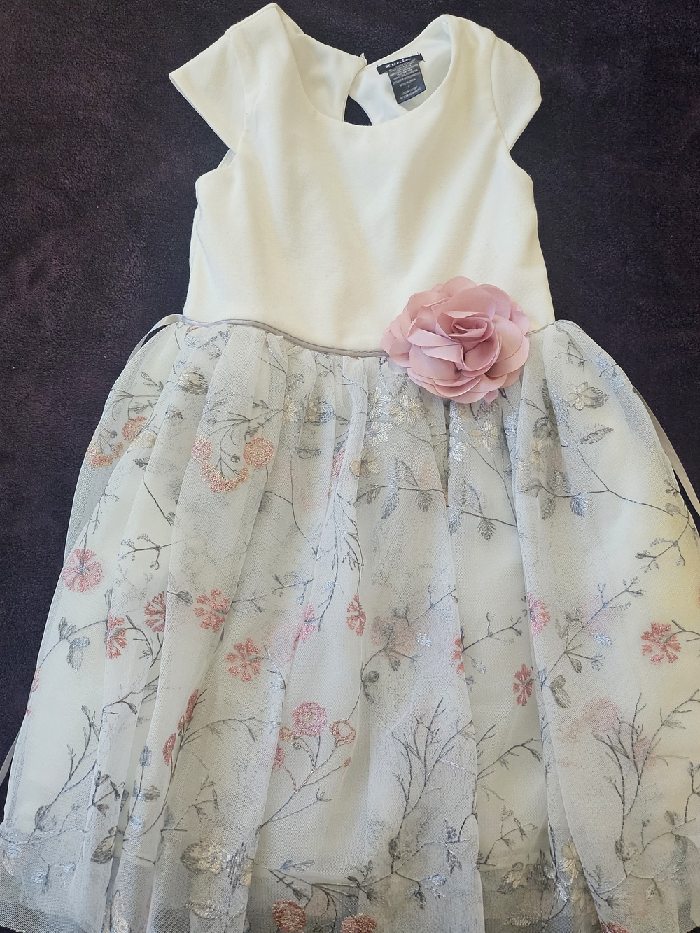 Zunie White Floral Tulle Girls Dress with Pink Flower